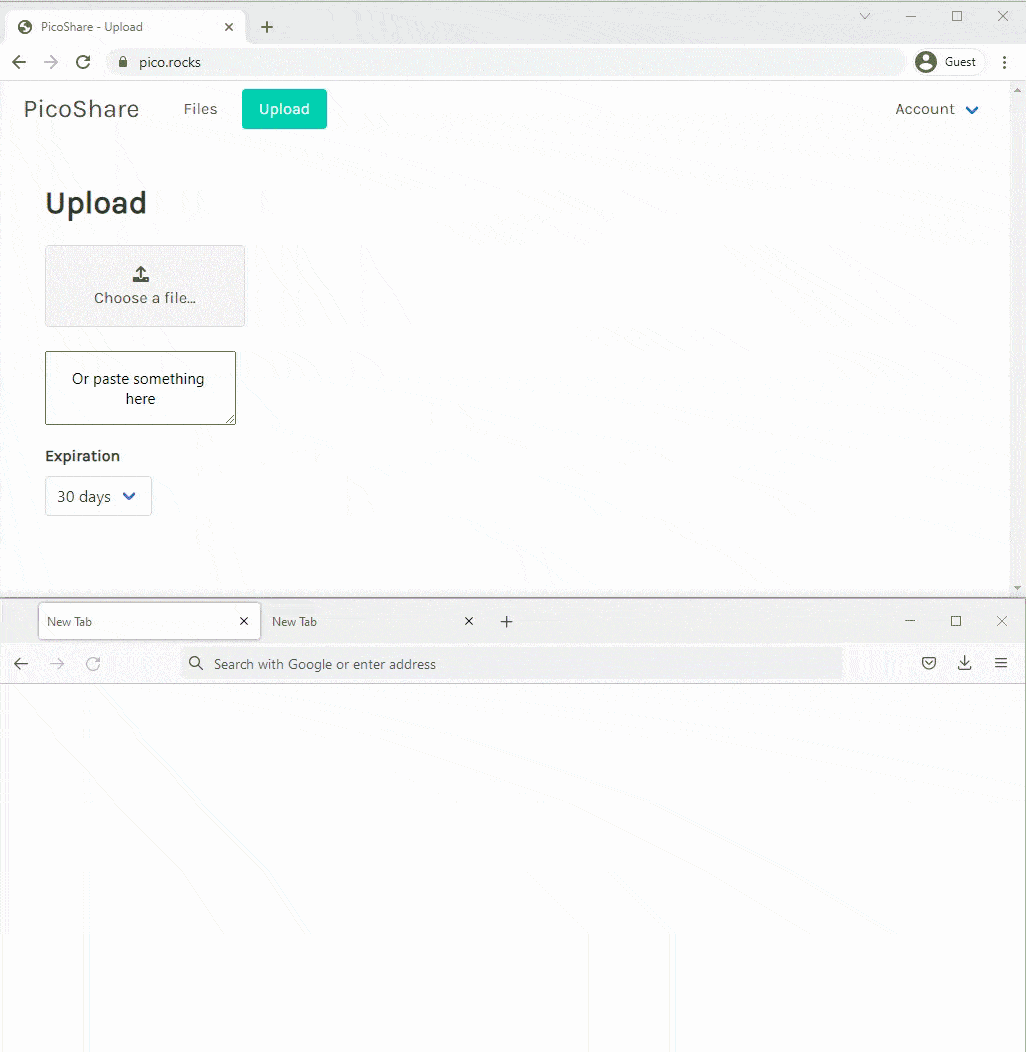Animated demo of uploading a video file to PicoShare and streaming it in another browser window